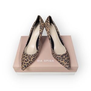 Via Spiga Womens V-Cloe Pumps High Heels Black Tan Suede Leopard Print 7 M New